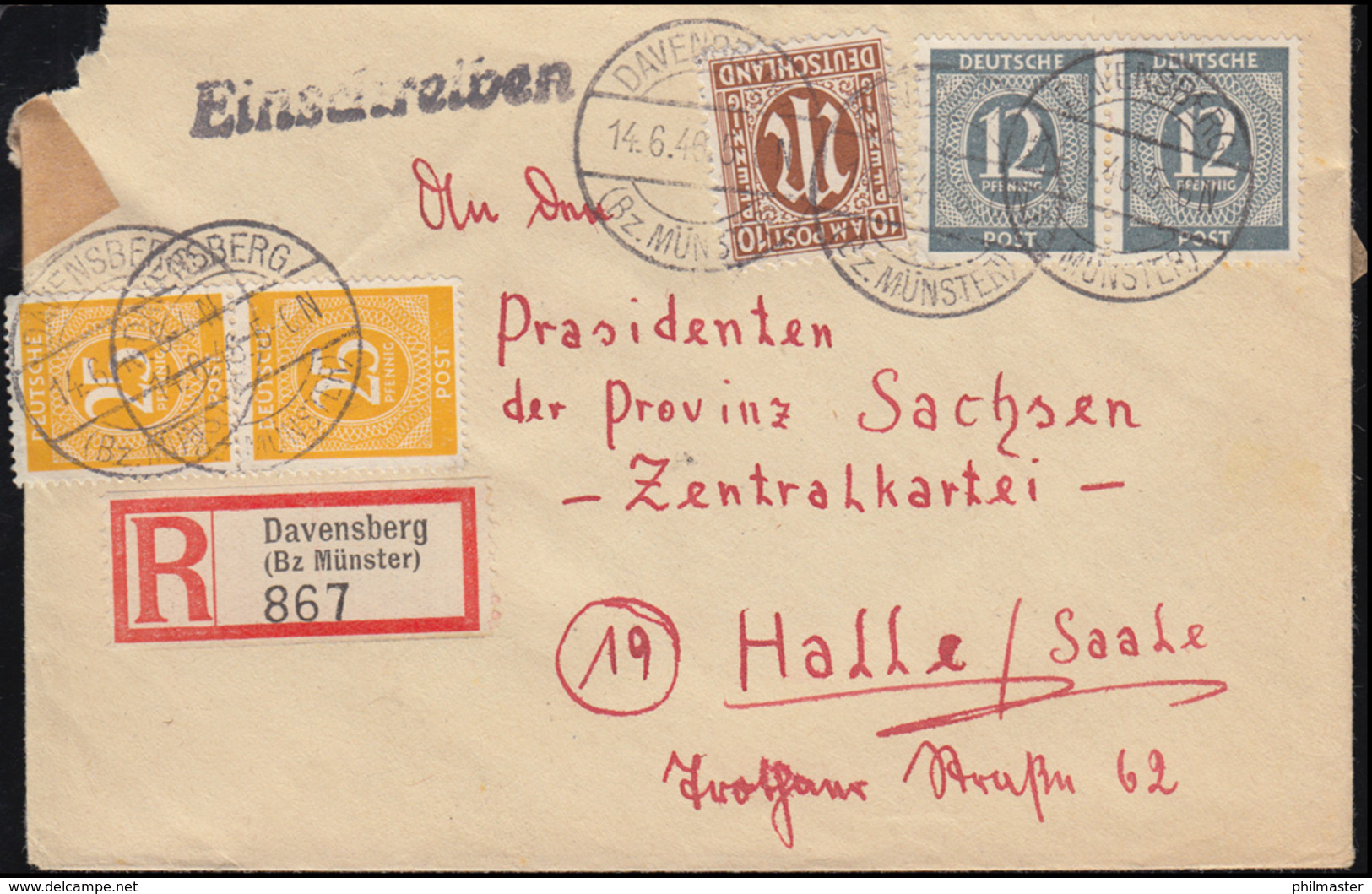 6 AM-Post Mit 920+927 Kontrollrat Als MiF Auf R-Brief DAVENSBERG/MÜNSTER 14.6.46 - Sonstige & Ohne Zuordnung