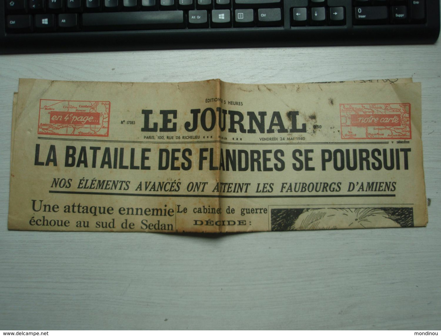 Le JOURNAL Vendredi 24 Mai 1940. N° 17383 La Bataille Des Flandres Se Poursuit. Bataille D'Amiens... - Other & Unclassified