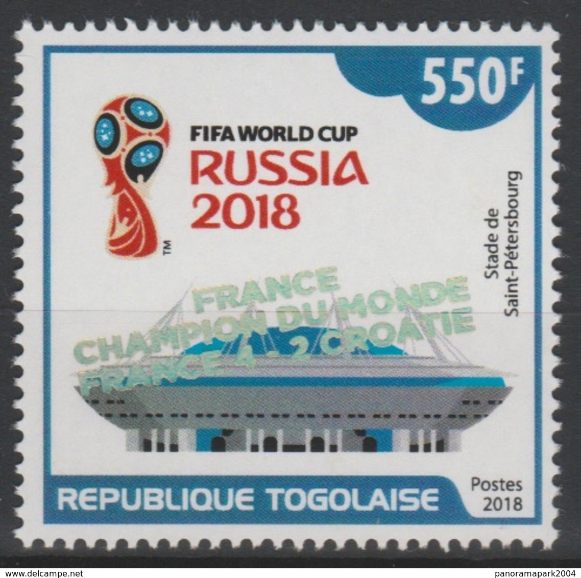 Togo 2018 Mi. ? Surch. Ovpt. "FRANCE CHAMPION" FIFA World Cup WM Coupe Du Monde Russie Russia Football Fußball Soccer - 2018 – Russie