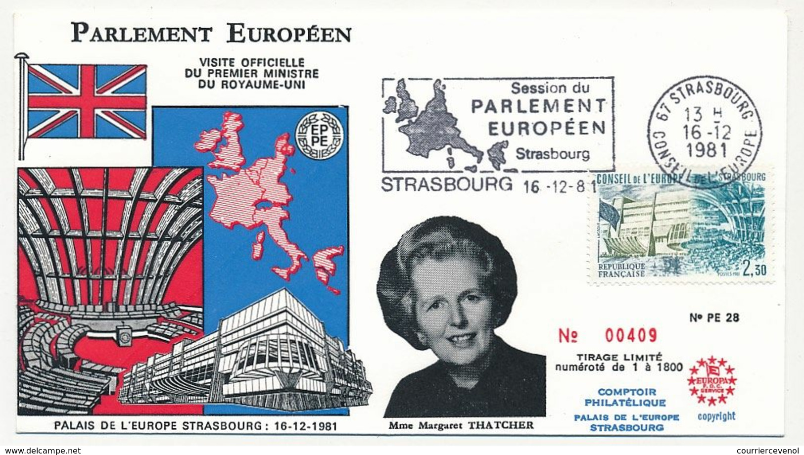 France - 3 Env. OMEC Strasbourg Session Du Parlement Européen 16/12/81 - Illustrée Mme Thatcher (série 3 Valeurs C.E) - European Ideas