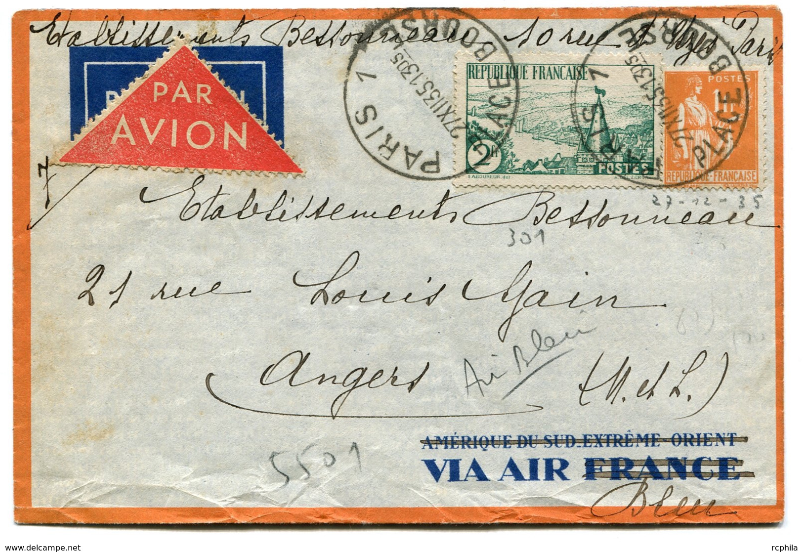 RC 18402 FRANCE 1935 AIR BLEU PARIS ANGERS PAR AVION TB - 1960-.... Covers & Documents