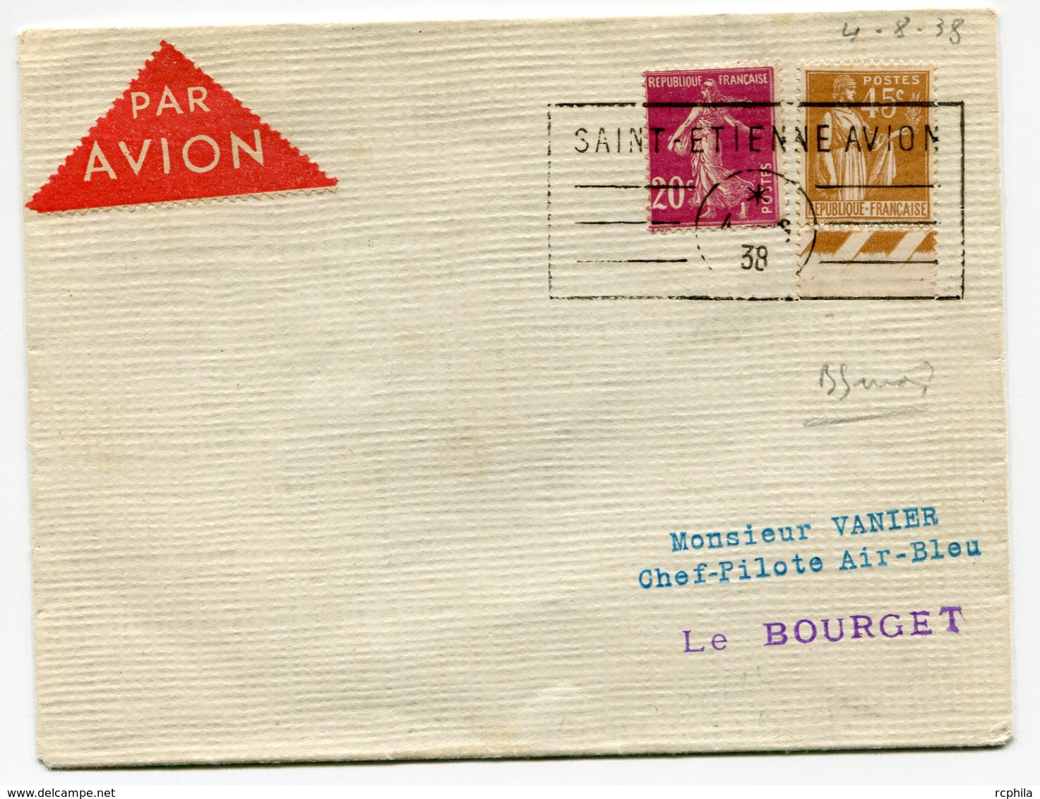 RC 18403 FRANCE 1938 CACHET ENCADRÉ SAINT ETIENNE AVION POUR LE BOURGET POUR VANIER CHEF PILOTE AIR BLEU TB - 1960-.... Covers & Documents