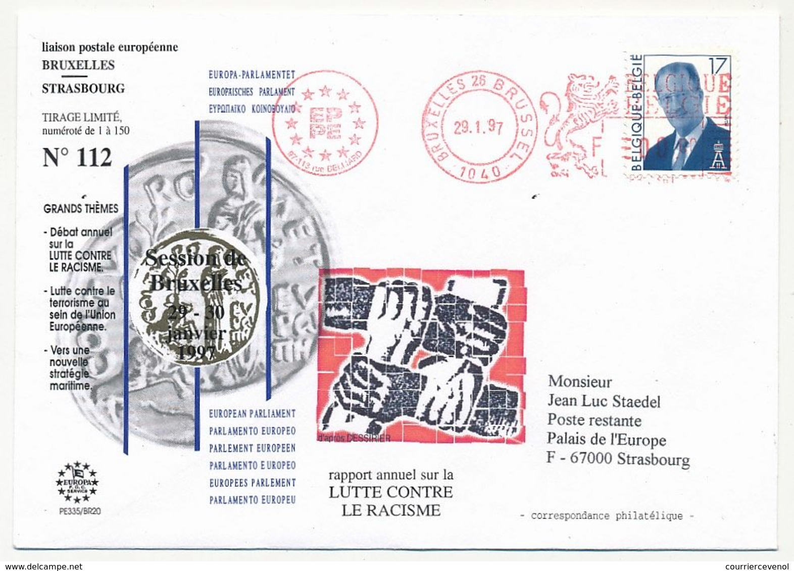 BELGIQUE => Env. Liaison Postale Européenne Bruxelles => Strasbourg 29/01/97 - Cartas & Documentos