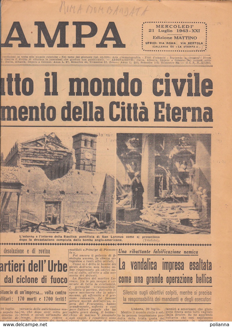 C2203 - Giornale LA STAMPA 21 Luglio 1943 - GUERRA/BOMBARDAMENTI ROMA - Italienisch