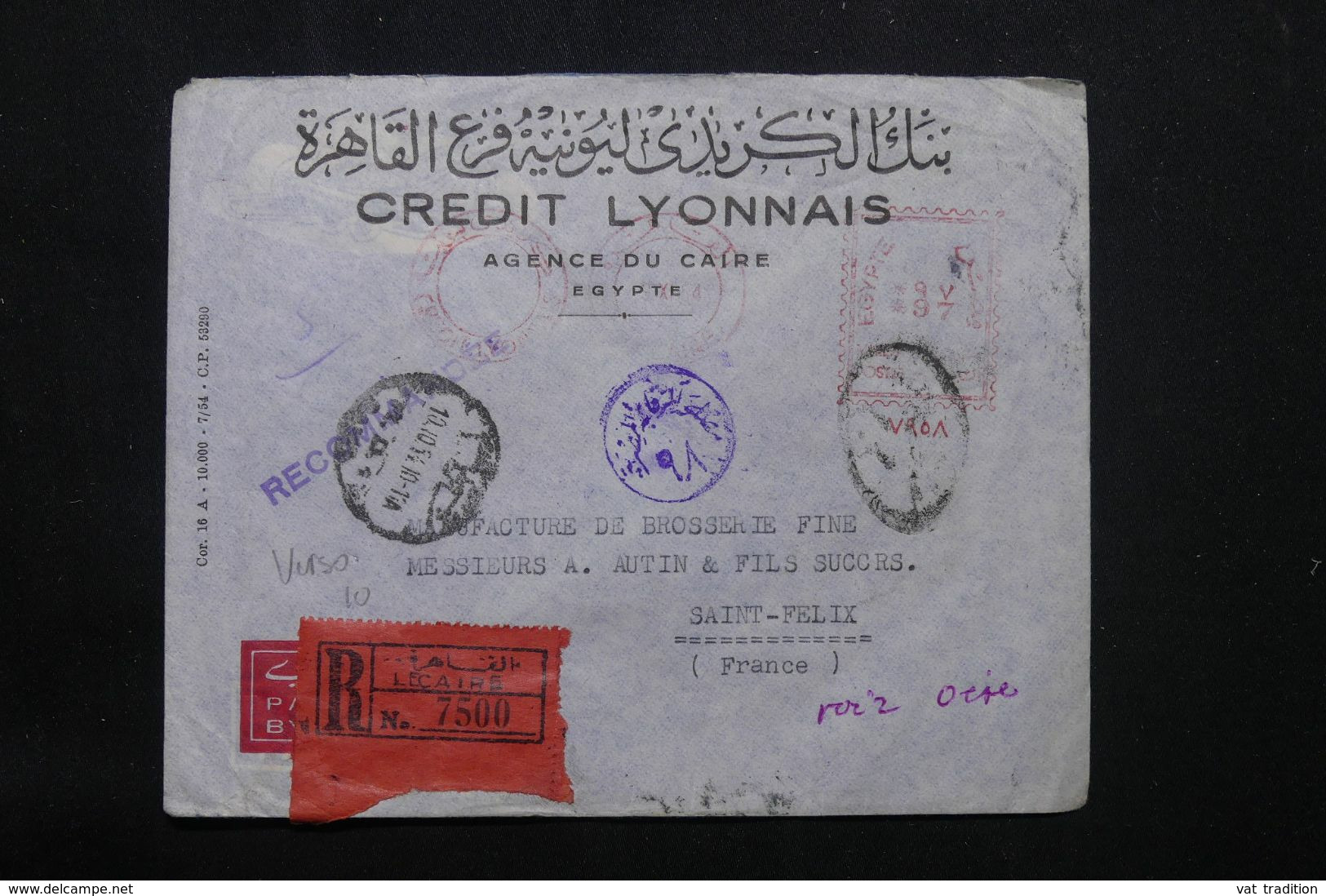 EGYPTE - Enveloppe Commerciale En Recommandé Du Caire Pour La France En 1954 Avec Cachets De Contrôle Postal - L 69780 - Briefe U. Dokumente