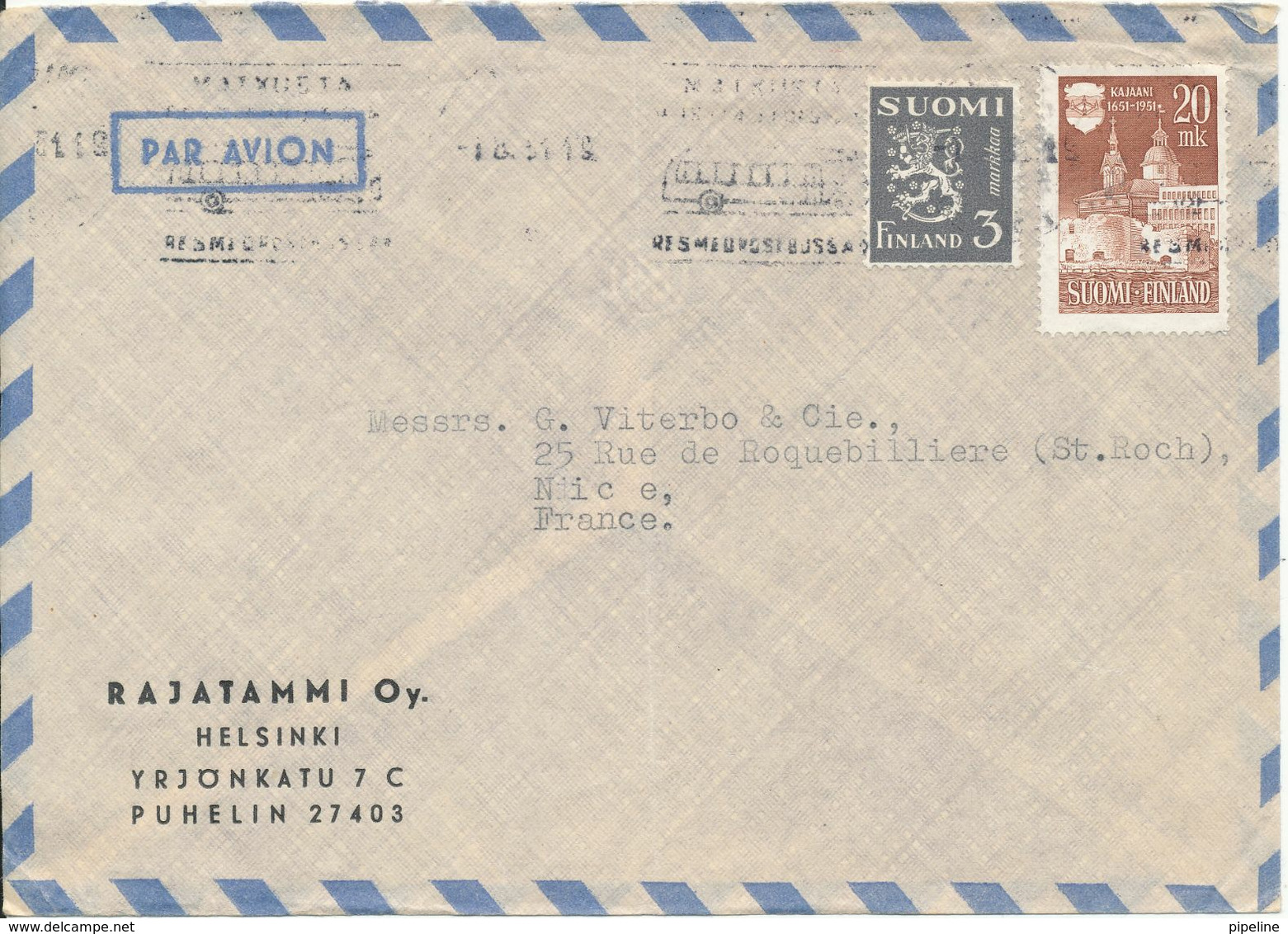 Finland Air Mail Cover Sent To France 1951 (the Cover Is Bended) - Covers & Documents