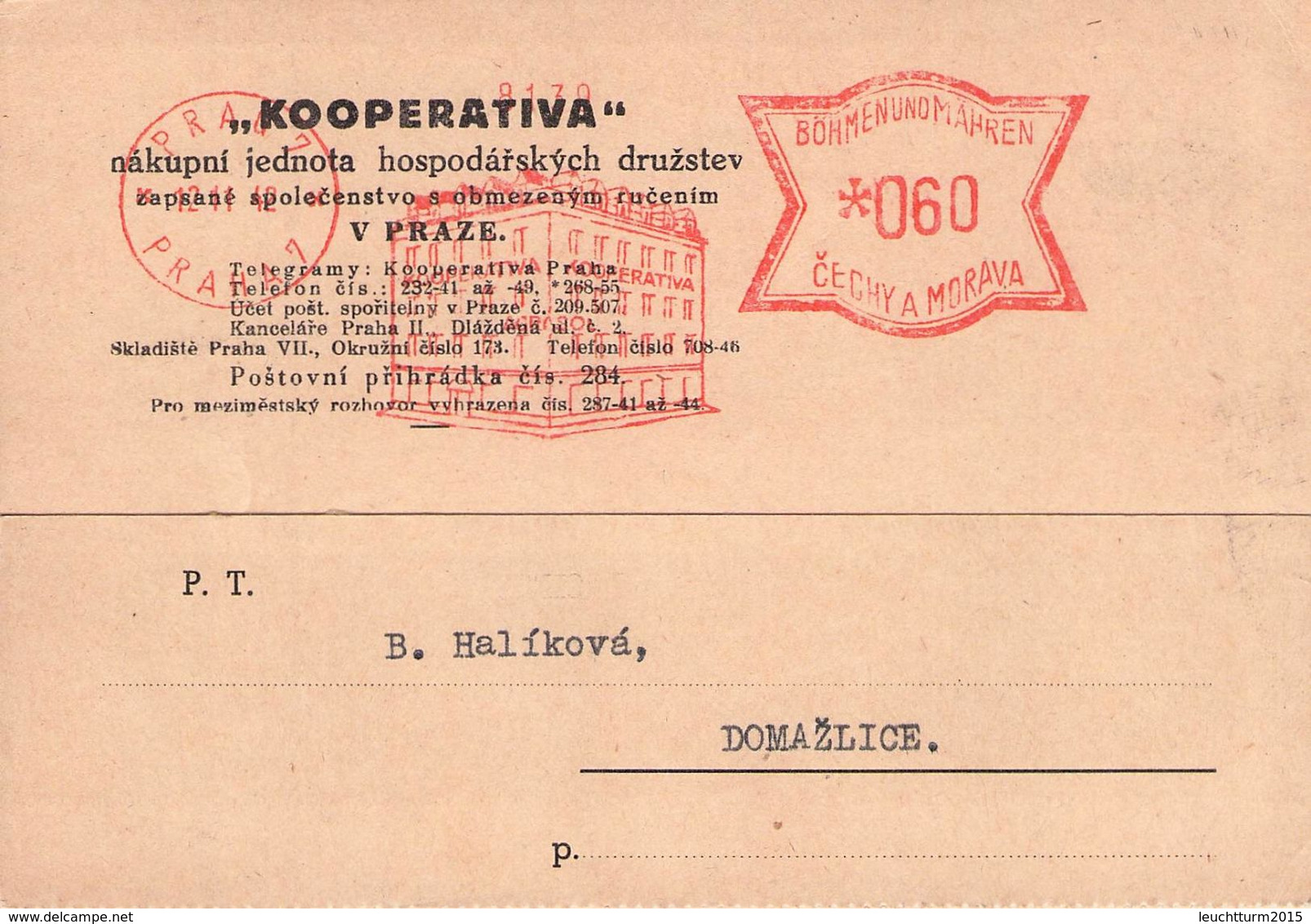 BÖHMEN & MÄHREN - POSTKARTE FREISTEMPEL 60 HELLER 1942 PRAHA7 - DOMAZLICE /AS48 - Cartas & Documentos