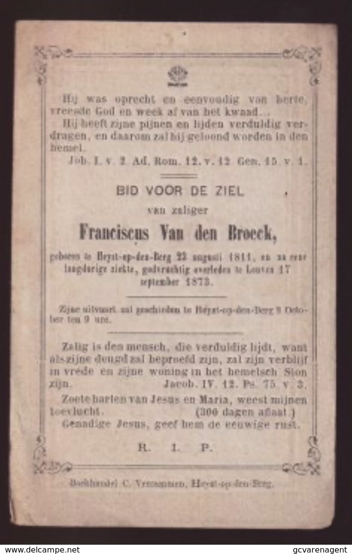 FRANCISCUS VAN DEN BROECK  - HEYST OP DEN BERG 1811 - LEUVEN  1873   2 SCANS - Décès