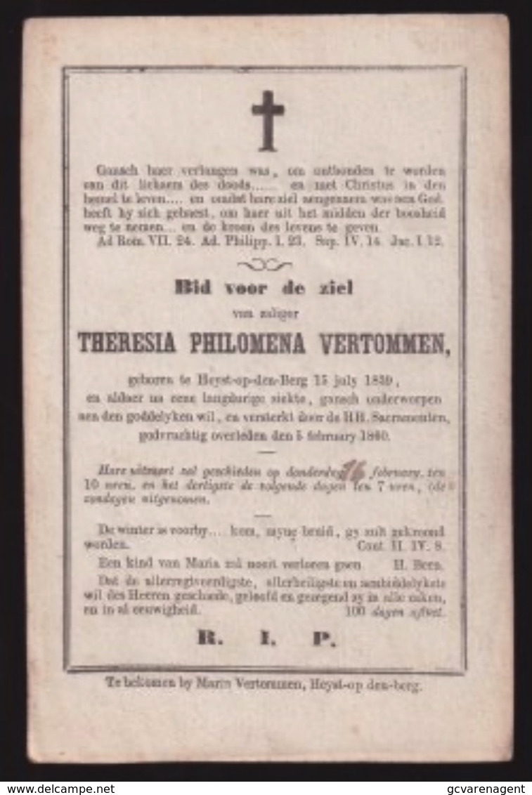 THERESIA VERTOMMEN   HEYST OP DEN BERG  1839   1860  2 SCANS - Todesanzeige