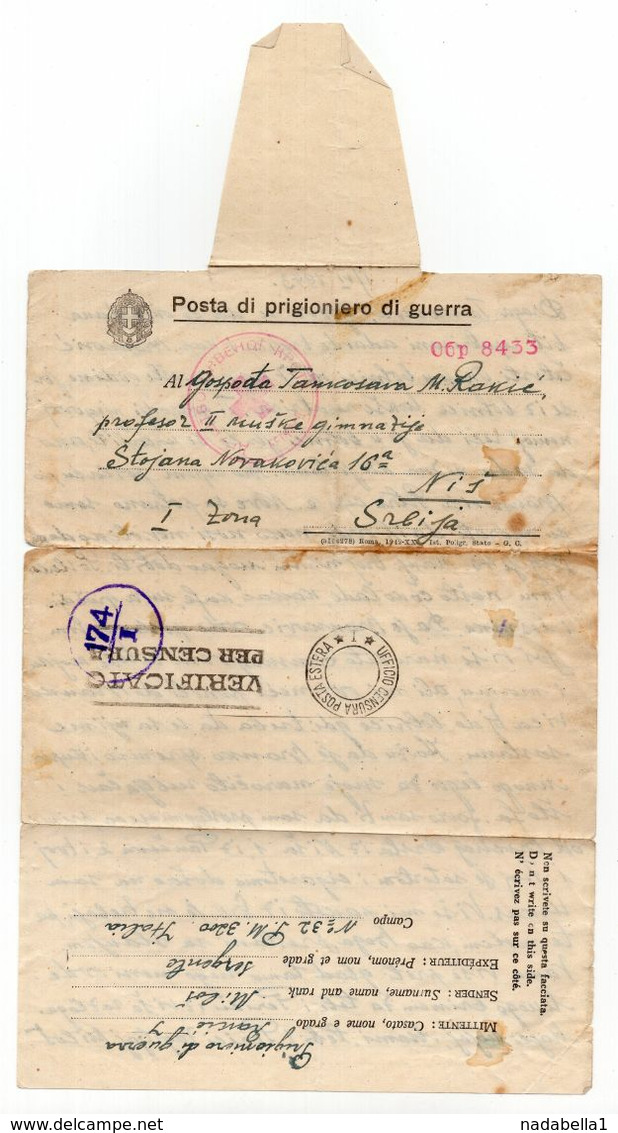 1943. WWII SERBIA,GERMAN OCCUPATION OF SERBIA,POW IN ITALY,CENSORED LETTER TO NIS, - Serbia