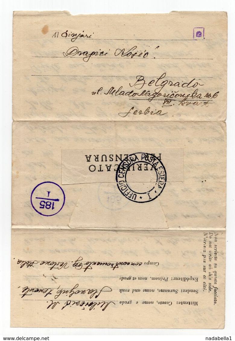 1941. WWII SERBIA,GERMAN OCCUPATION OF SERBIA,POW IN ITALY,VESTONE CAMP,CENSORED LETTER TO BELGRADE - Serbia