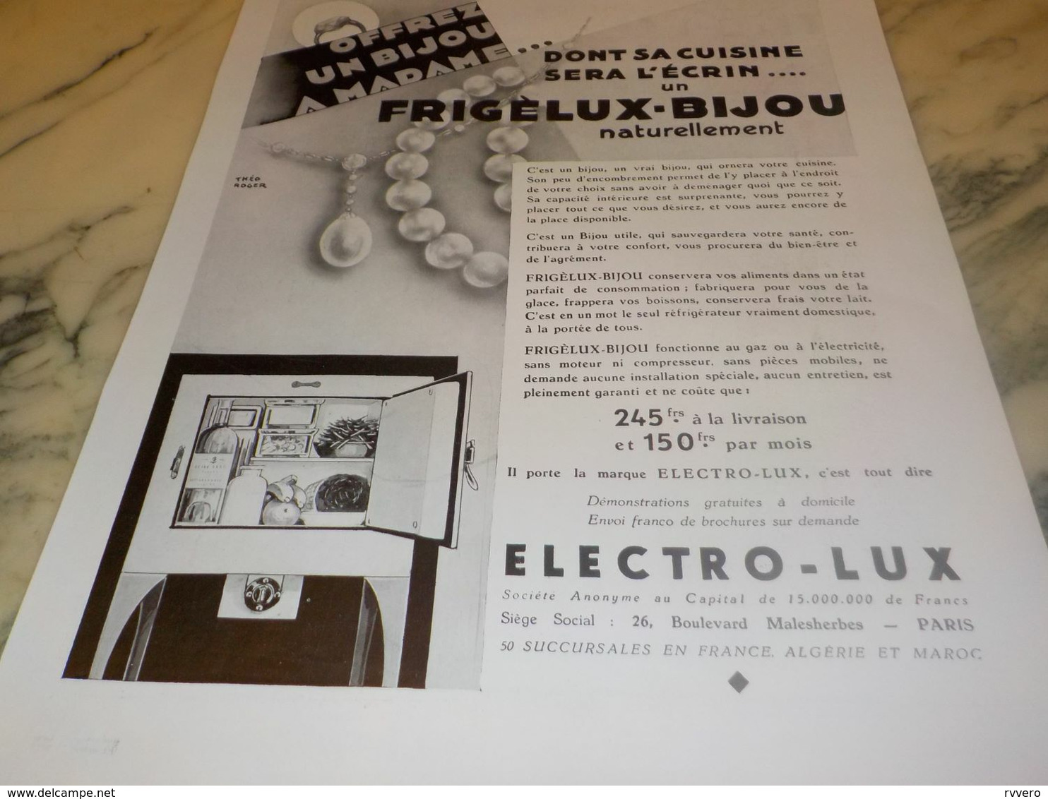 ANCIENNE PUBLICITE FRIGELUX BIJOU DE ELECTRO-LUX 1932 - Andere Geräte