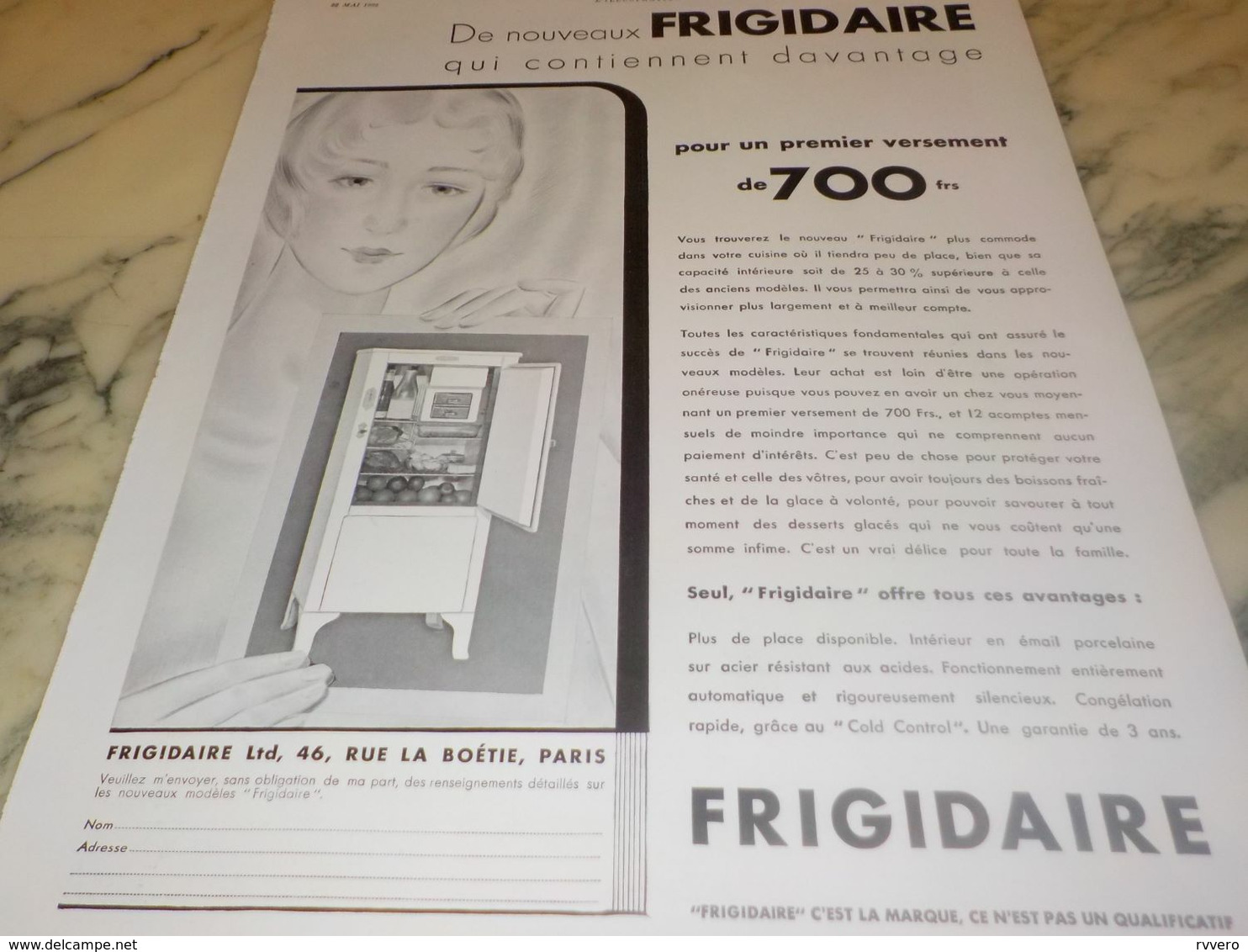 ANCIENNE PUBLICITE DE NOUVEAUX  FRIGIDAIRE  1932 - Other Apparatus
