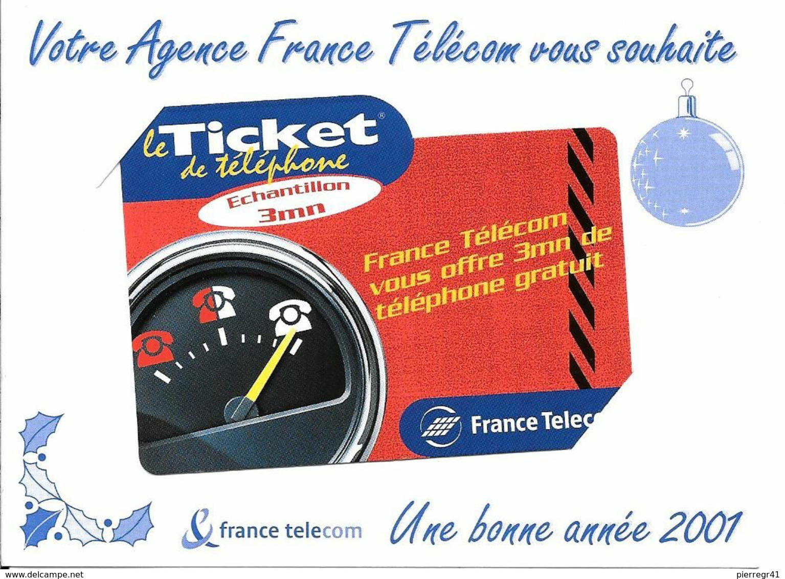 TICKET TELEPHONE-FRANCE-PU08G-2000-ECHANTILLON 3Mn-COMPTEUR 1 Non Gratté-avec ENCART-NEUF-TBE - FT