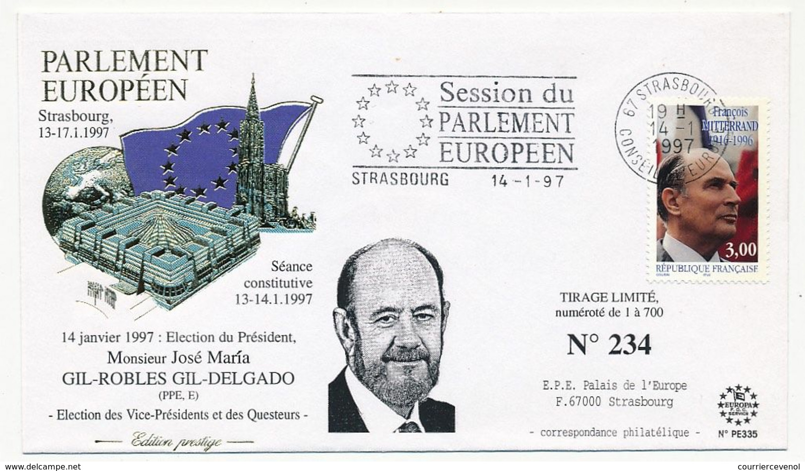 France - Env. OMEC Strasbourg CE Session Du Parlement Européen 14/1/1997 - Illustrée Gil Robles Gil Delgado - Idées Européennes