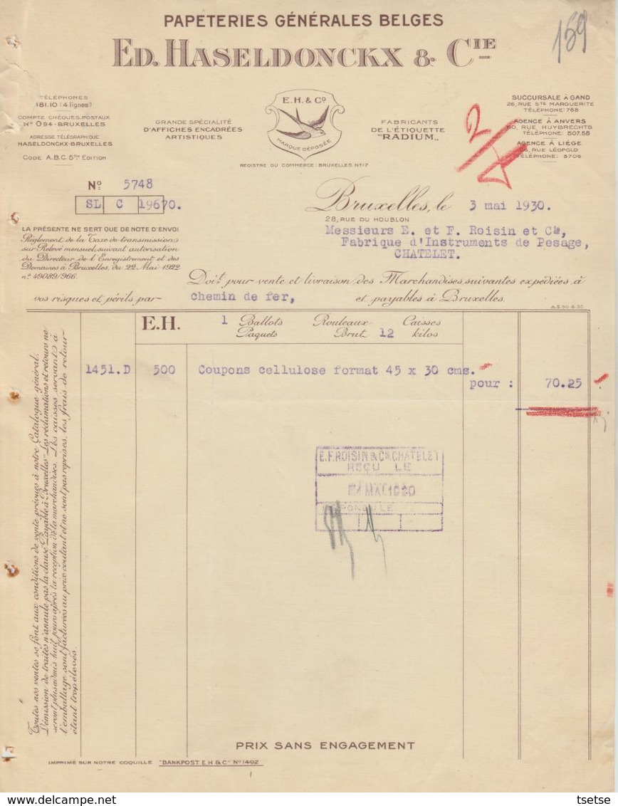 Facture - ED. Haseldonck & Cie - Papeterie Générales Belges - Bruxelles - 1930 - Ambachten