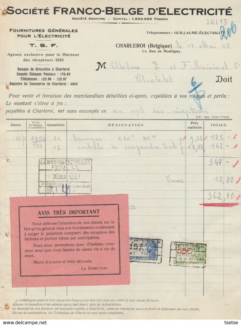 Facture - Société Franco-Belge D'Electricité - Charleroi - 1930 - Ambachten