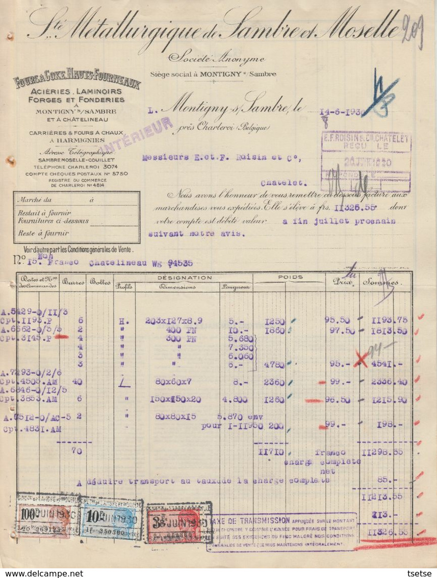 Facture - Sté Métallurgiques De Sambre Et Moselle -  Acièries , Laminoirs  - Montigny S / Sambre - 1930 - Ambachten