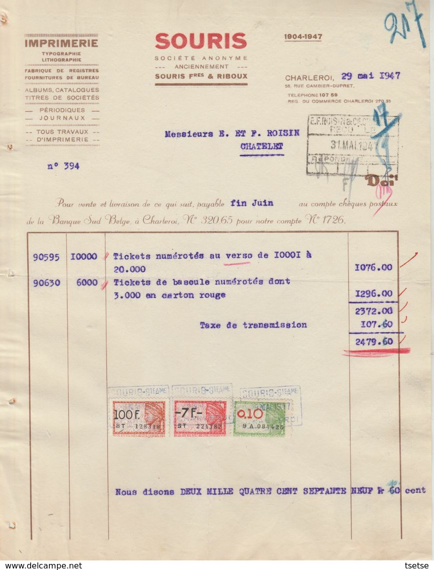 Facture - Souris Frères & Riboux - Imprimerie - Charleroi - 1947 - Straßenhandel Und Kleingewerbe
