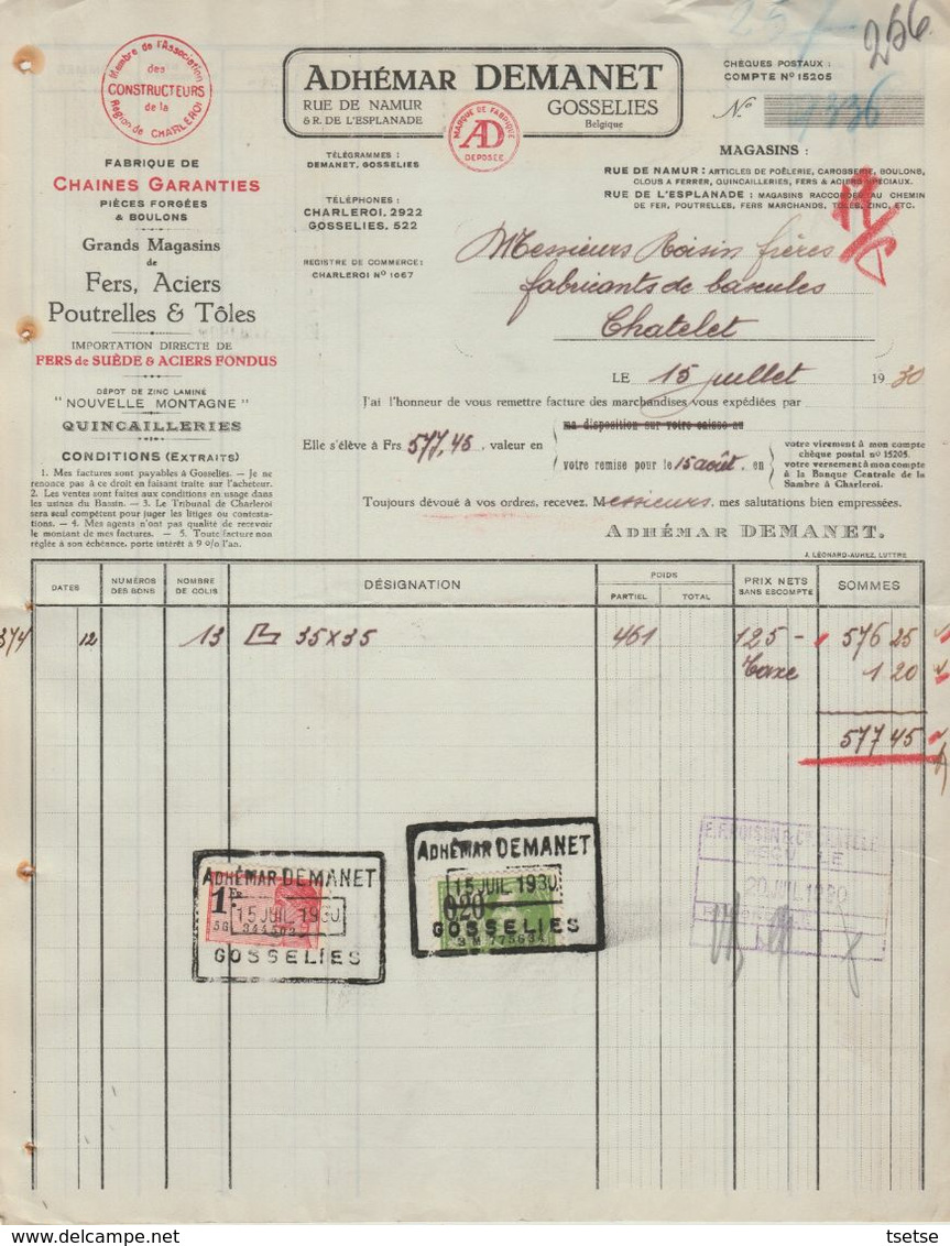 Facture - Adhémar Demanet - Fabrique De Chaînes , Fer, Aciers - Gosselies - 1930 - Straßenhandel Und Kleingewerbe
