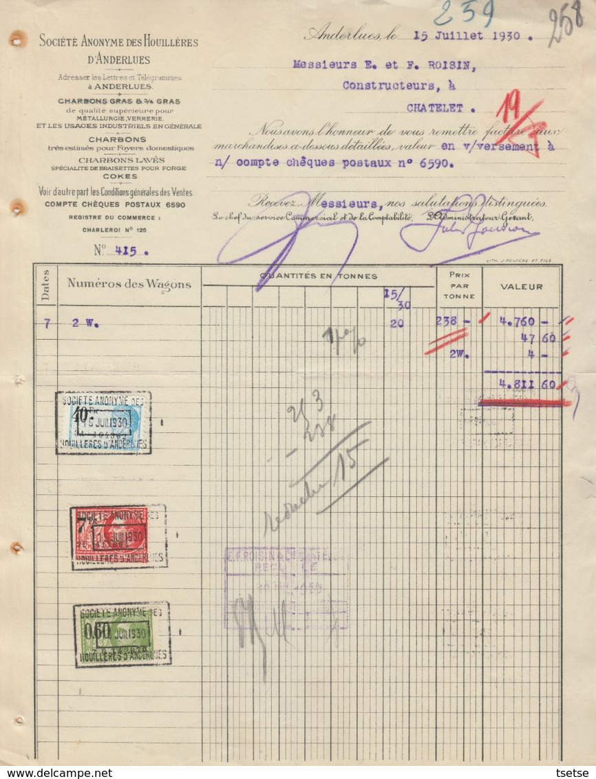 Facture - Société Anonymes Des Houillères - Charbons  - Anderlues - 1930 - Straßenhandel Und Kleingewerbe