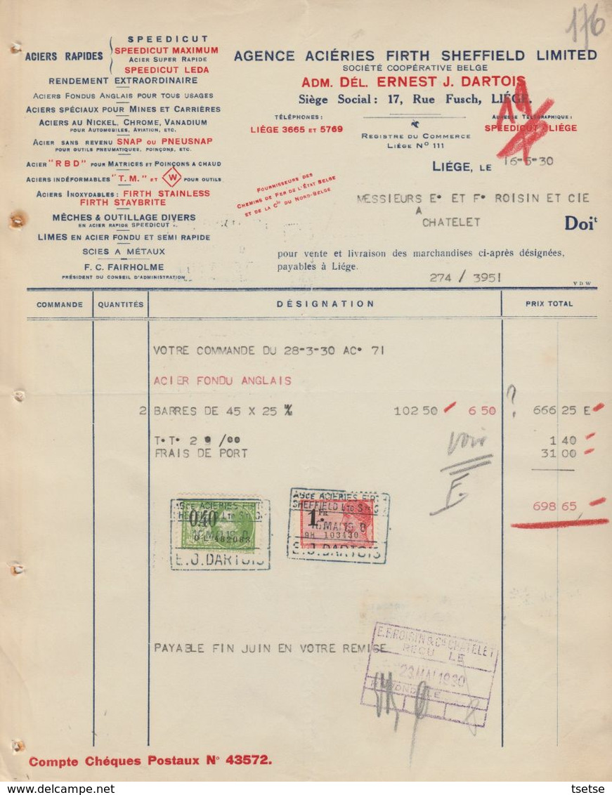 Facture - Agence Aciéries Firth Sheffield Limited - Aciers Rapides  - Liège - 1930 - Ambachten