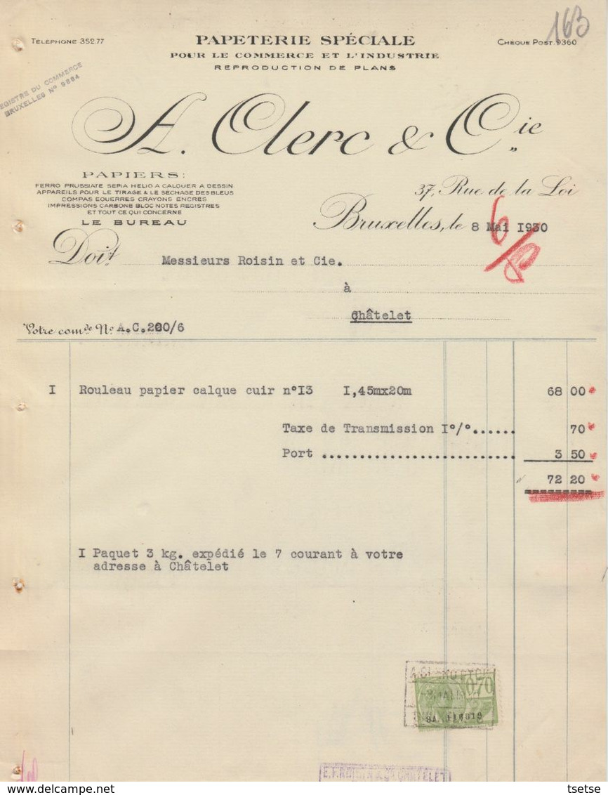 Facture - A. Clerc & Cie - Papeterie Spéciale - Bruxelles - 1930 - Straßenhandel Und Kleingewerbe