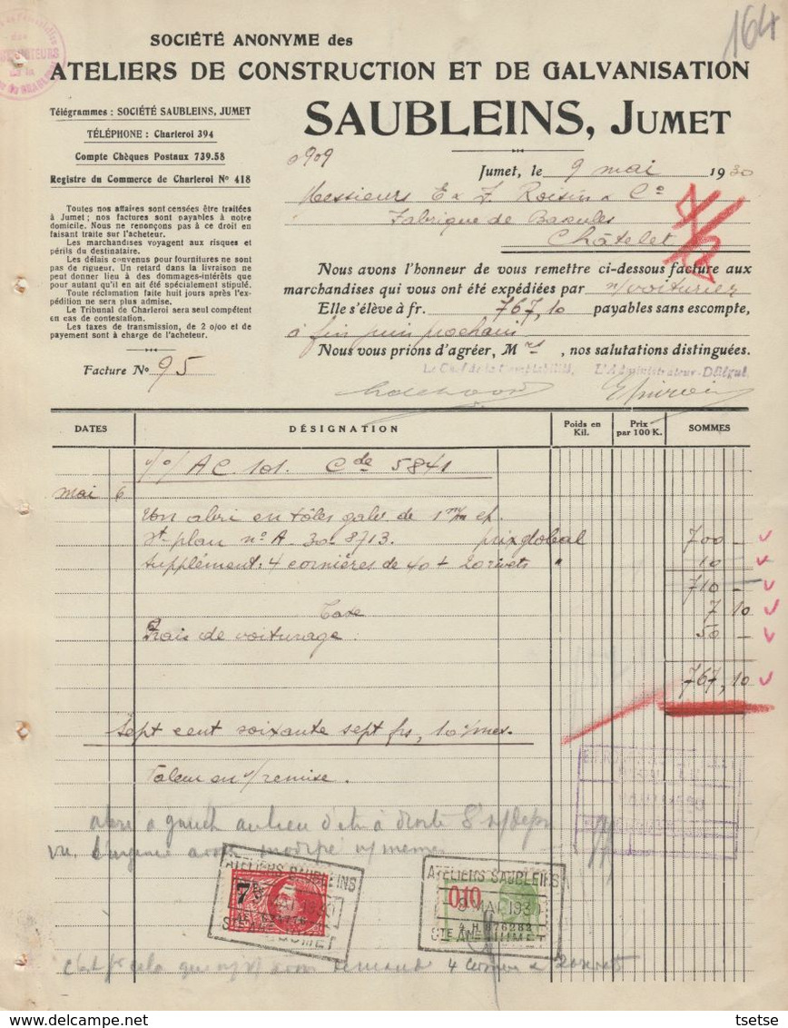 Facture - Saubleins - Atelier De Construction Et Galvanisation - Jumet - 1930 - Straßenhandel Und Kleingewerbe