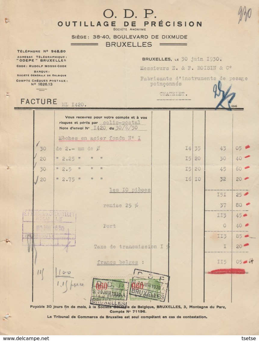 Facture - O.D.P. - Outillage De Précision - Bruxelles - 1930 - Straßenhandel Und Kleingewerbe