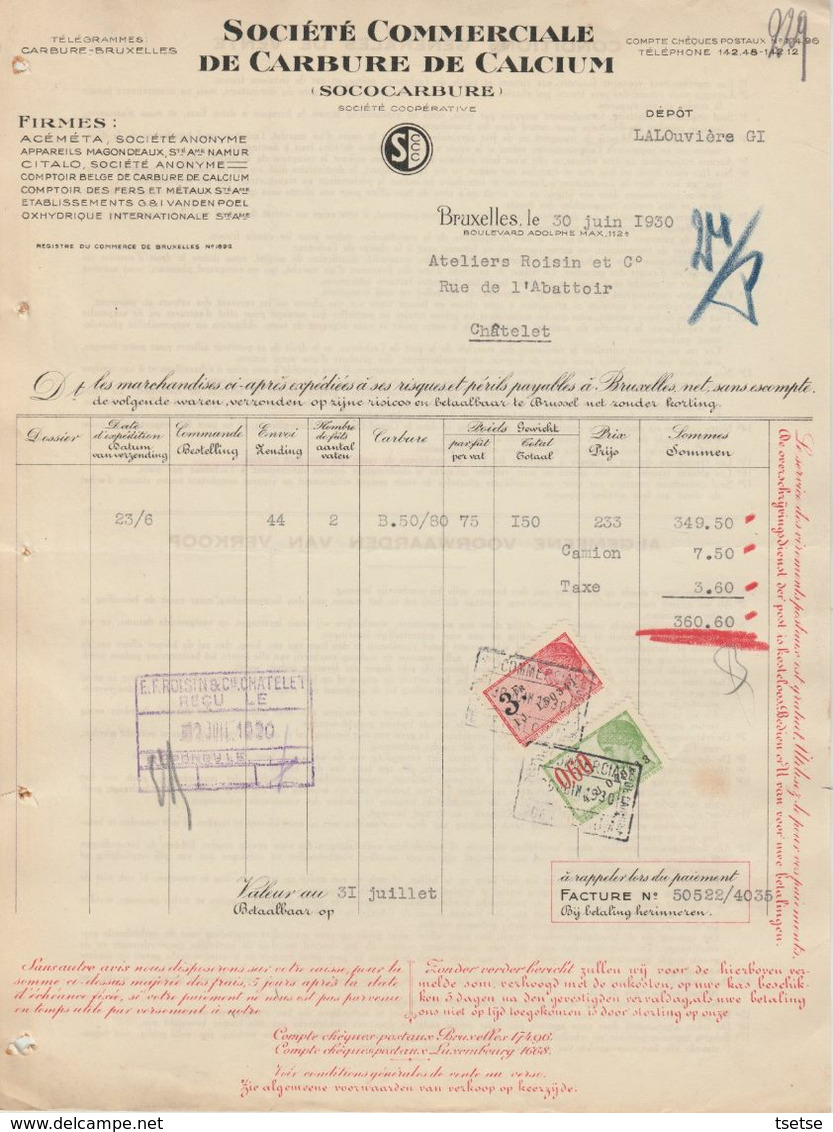 Facture - Société Commerciale De Carbure De Calcium - Sococarbure - Châtelet - 1930 - Artigianato