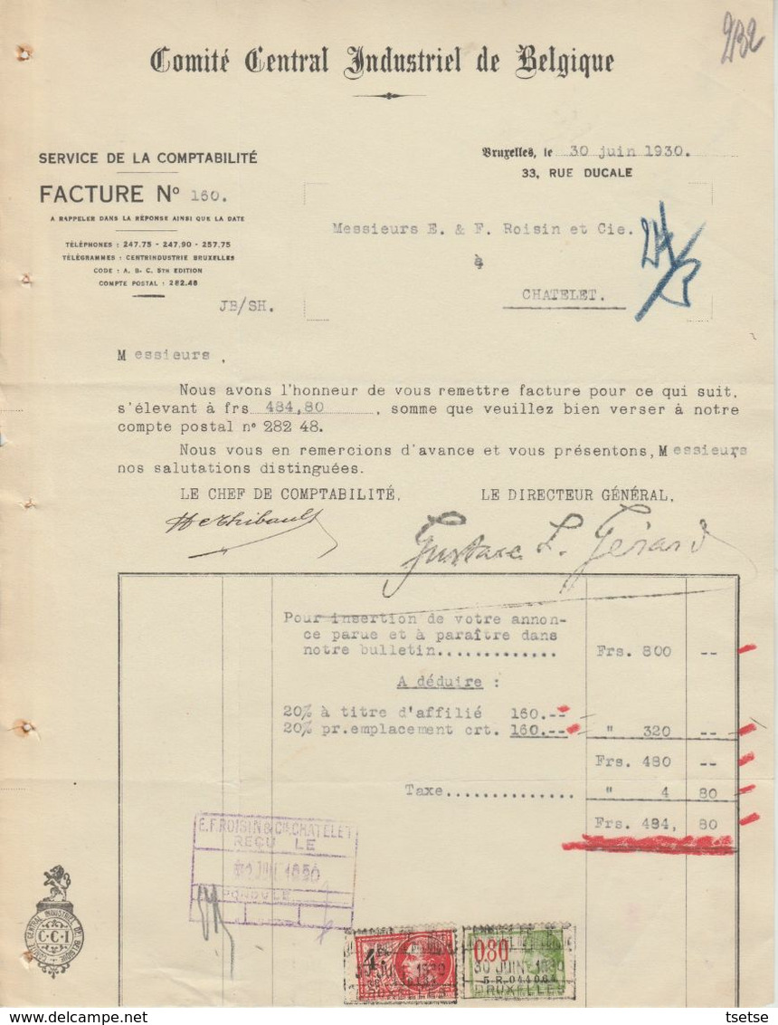 Facture - Comité Central Industriel De Belgique - Bruxelles - 1930 - Straßenhandel Und Kleingewerbe