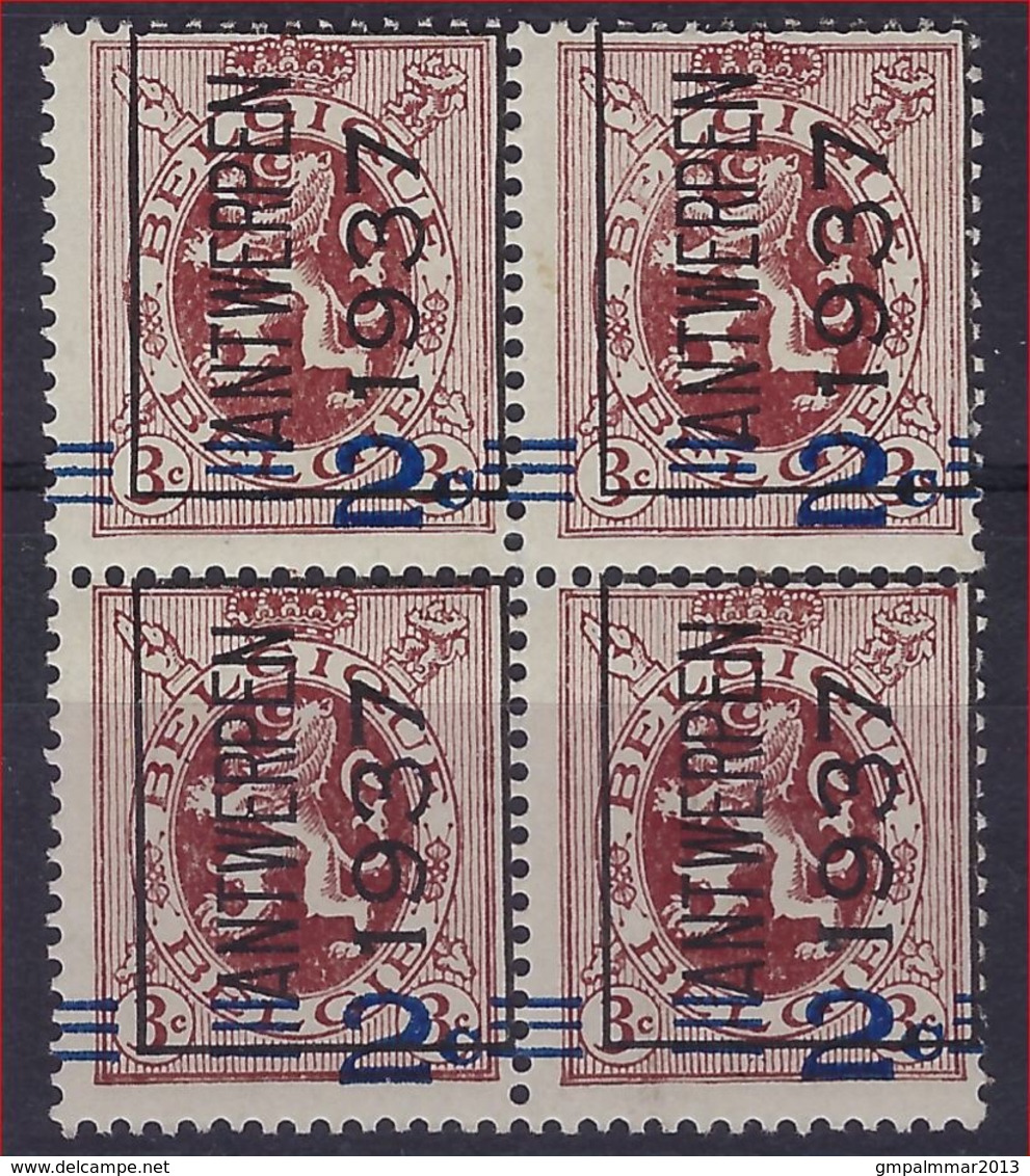 Belgie 1937 - Verschoven Opdruk - 2c Op 3c - ** MNH Blok Van 4 ANTWERPEN 1937 - V317A PREO 317 ; Staat Zie Scan ! - Typografisch 1929-37 (Heraldieke Leeuw)