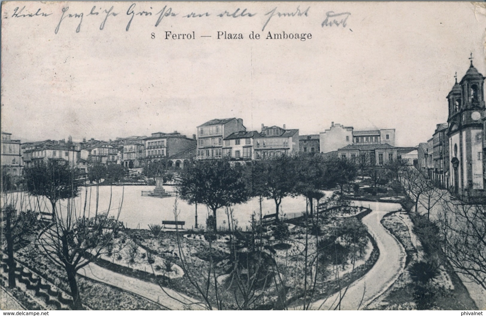 1909 , TARJETA POSTAL CIRCULADA , LA CORUÑA - FERROL , PLAZA DE AMBOAGE , PAPELERIA DEL CORREO GALLEGO - La Coruña