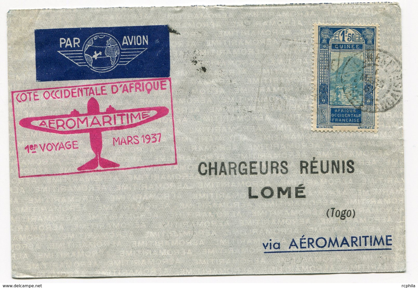 RC 18405 GUINÉE 1937 LETTRE 1er VOYAGE AEROMARITIME CONAKRY - LOMÉ TOGO 1er VOL FFC - TB - Lettres & Documents