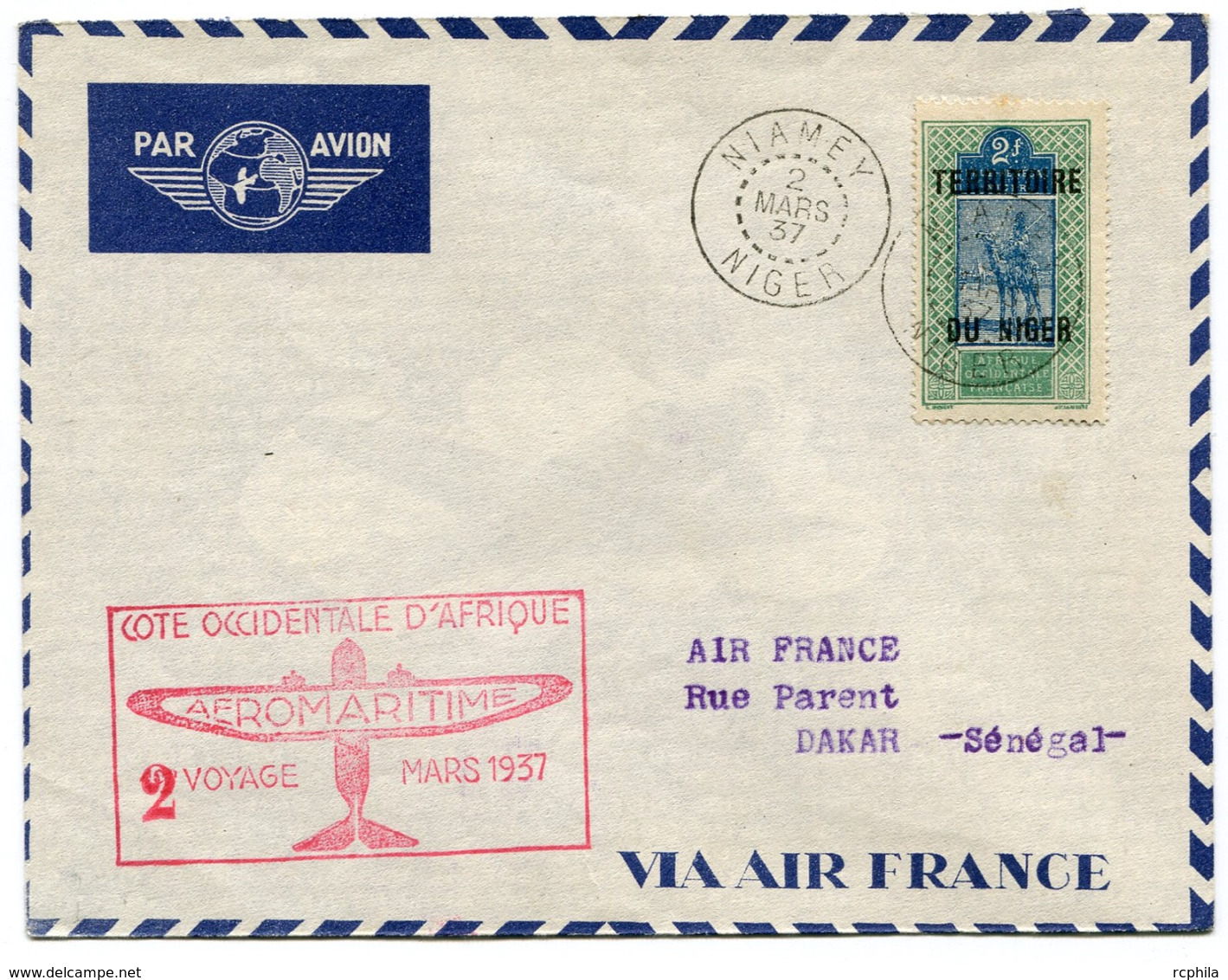 RC 18411 NIGER 1937 LETTRE 2eme VOYAGE AEROMARITIME NIAMEY - DAKAR SÉNÉGAL 1er VOL FFC - TB - Storia Postale