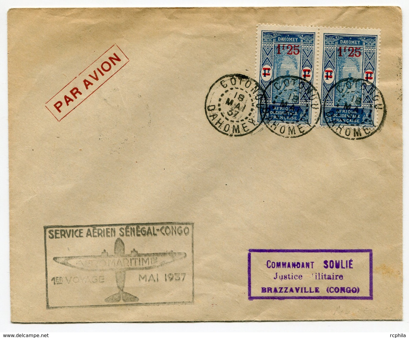 RC 18413 DAHOMEY 1937 LETTRE 1er VOYAGE AEROMARITIME SERVICE AÉRIEN SÉNÉGAL - CONGO 1er VOL FFC - TB - Lettres & Documents