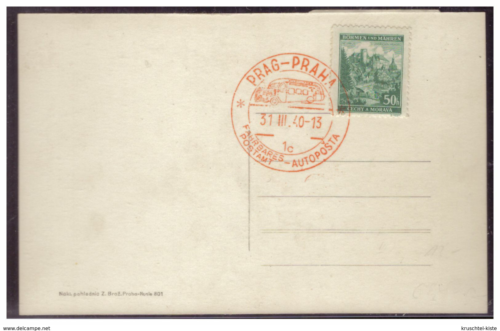 Böhmen Und Mähren (005581) AK Prag Blanco Gestempelt Mit Prag Autoposta Fahrbares Postamt Am 31.3.1940 - Storia Postale