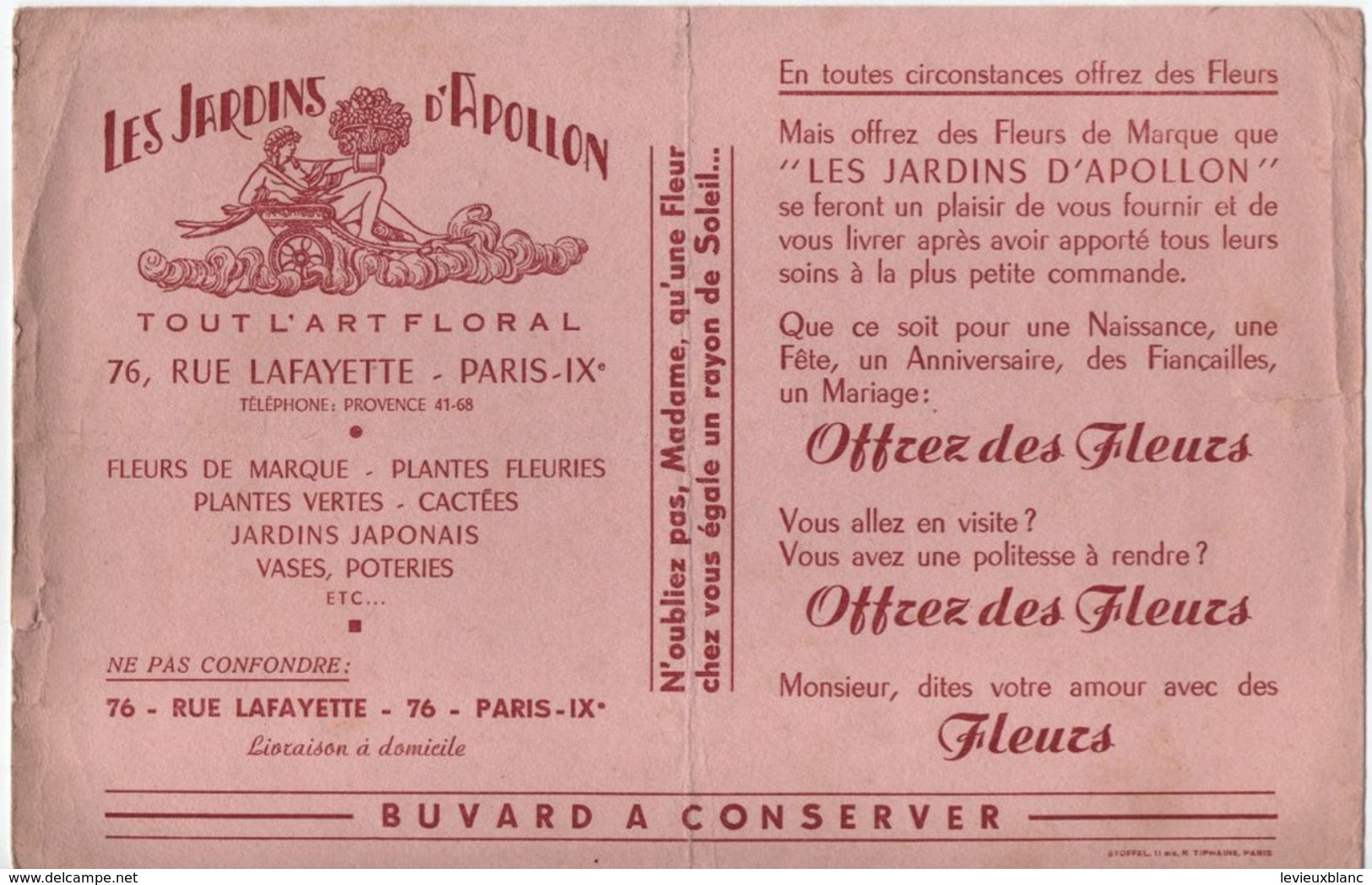 Buvard Ancien/ Fleuriste/ LES JARDINS D'APPOLON/Tout L'Art Floral/ Rue Lafayette/Paris IXéme/Stoffel/Vers 1950    BUV466 - F