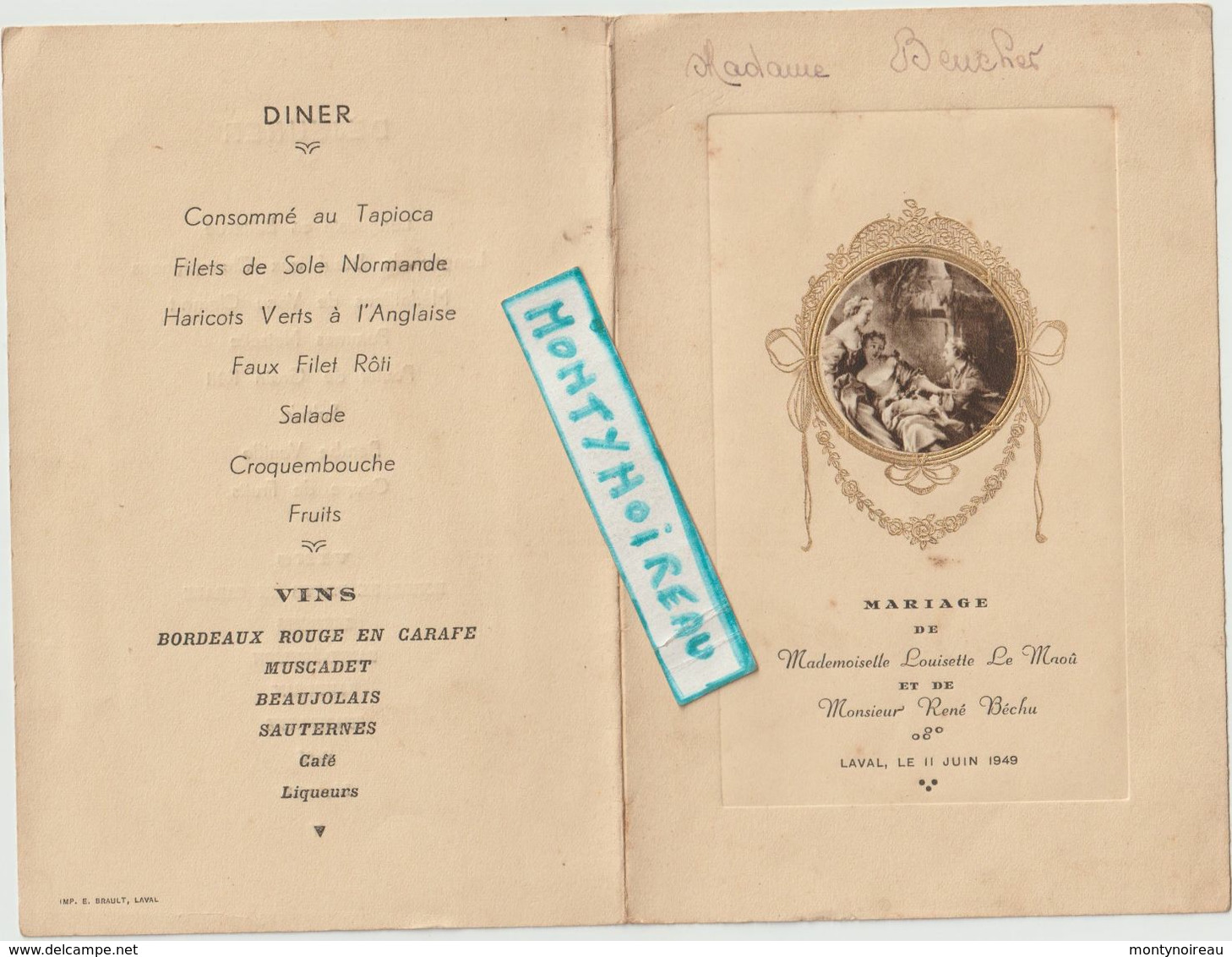 V P :  DE 53 :  Menu  :  En  Mayenne , 1949 , Laval, Mariage Le Maou - Béchu - Menú