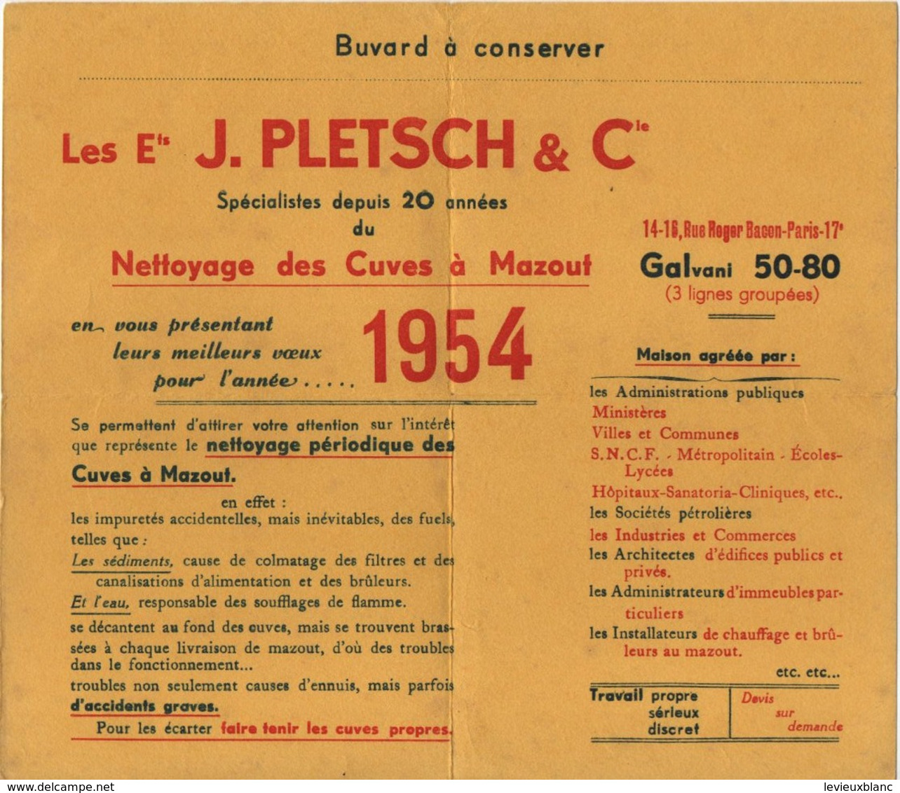 Grand Buvard Ancien/ Nettoyage Des Cuves à Mazout/ Ets J.PLETSCH & Cie/Rue Roger Bacon/Paris 17éme/1954    BUV469 - Brandstoffen