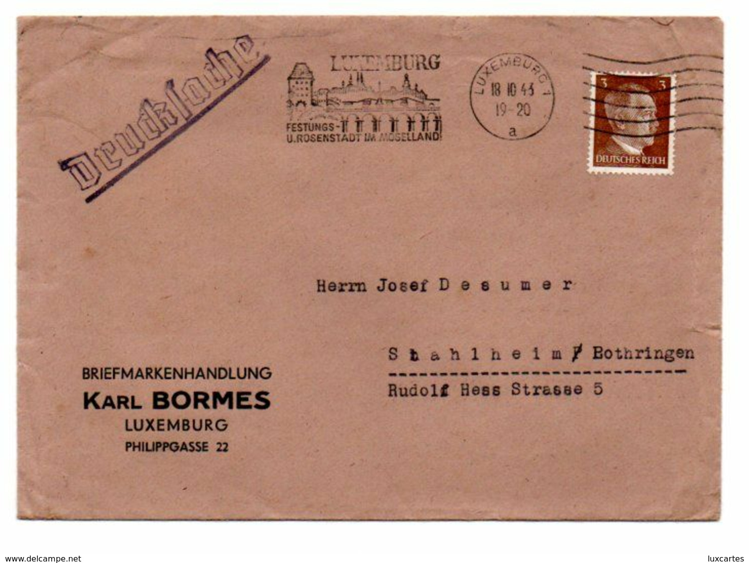 LETTRE 1943. KARL BORMES BRIEFMARKENHANDLUNG. LUXEMBURG VERS STAHLHEIM / AMNEVILLE ( FRANCE). - 1940-1944 Ocupación Alemana