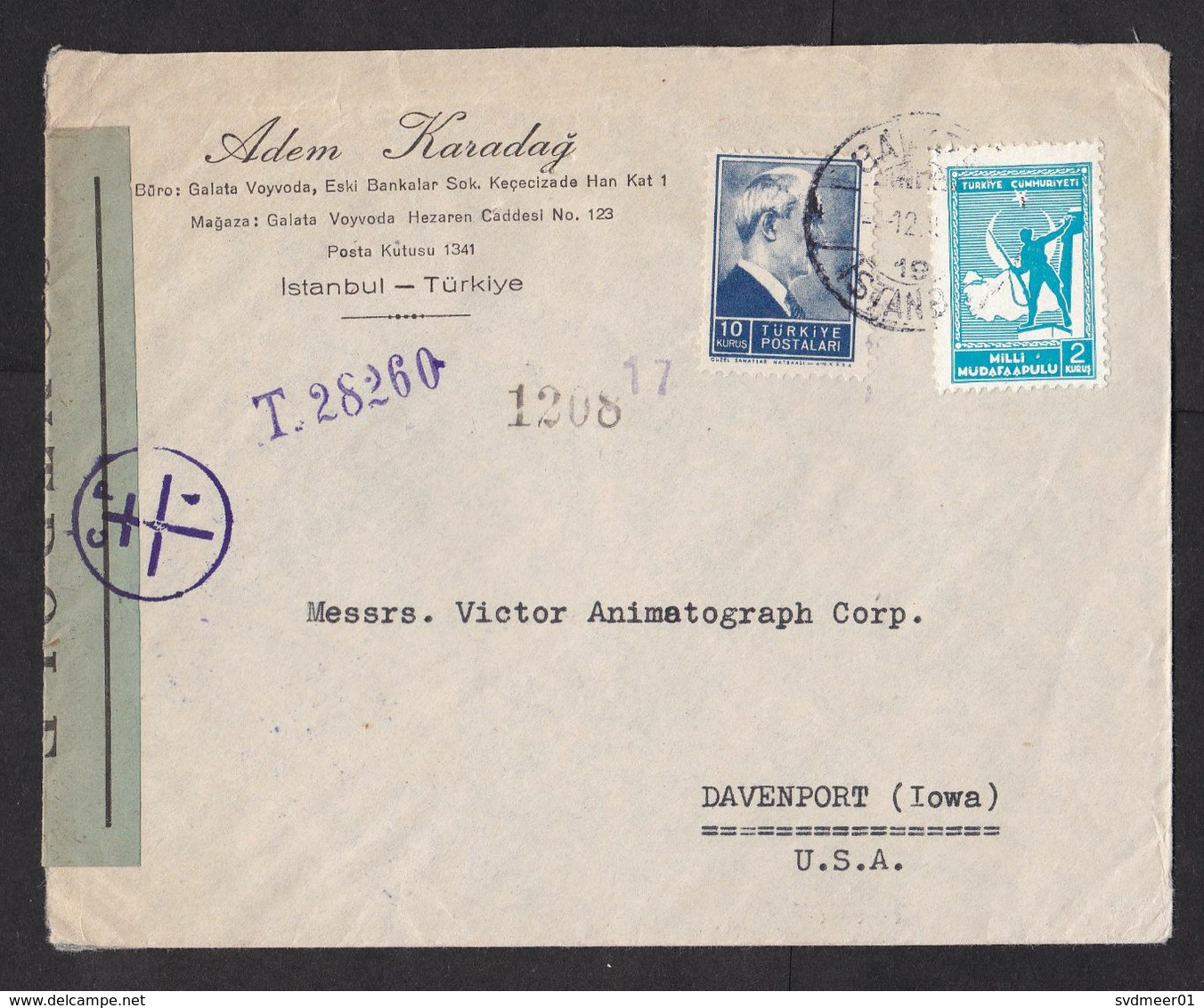 Turkey: Cover To USA, 1940s, 2 Stamps, Censored, Uncommon Blue Censor Label, World War 2, WW2 (traces Of Use) - Brieven En Documenten