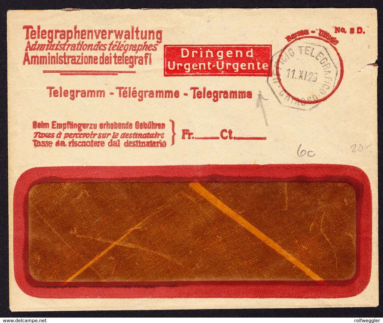 1929 Telegramm Couvert Mit Eindruck "Dringend". Stempel Ufficio, Chiasso - Télégraphe