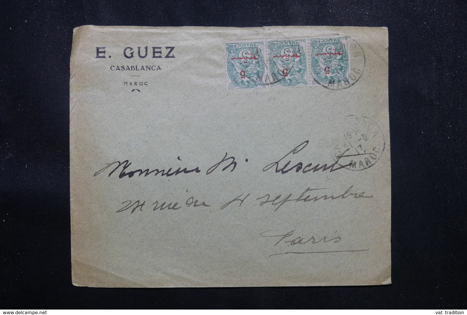 MAROC - Enveloppe Commerciale De Casablanca Pour Paris En 1913, Affranchissement Blancs En Bande De 3 - L 70169 - Lettres & Documents