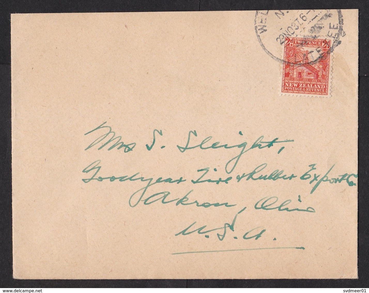 New Zealand: Cover To USA, 1937, 1 Stamp, Cancel Late Fee, Uncommon (traces Of Use) - Briefe U. Dokumente