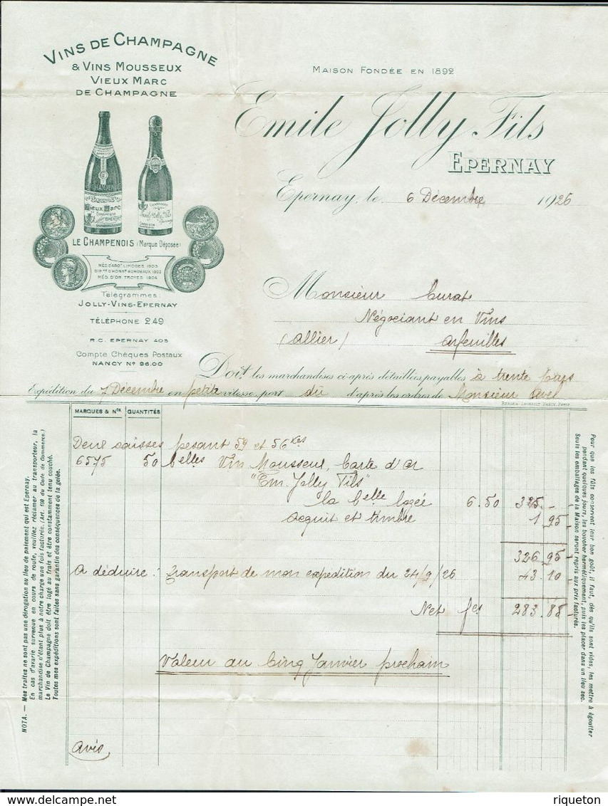 Fr -1926 "Champagne Emile Jolly Fils à Epernay" Affr. Semeuse 50 C Sur Env. Pour Arfeuilles - Facture Et Traite - B/TB - - 1921-1960: Modern Tijdperk