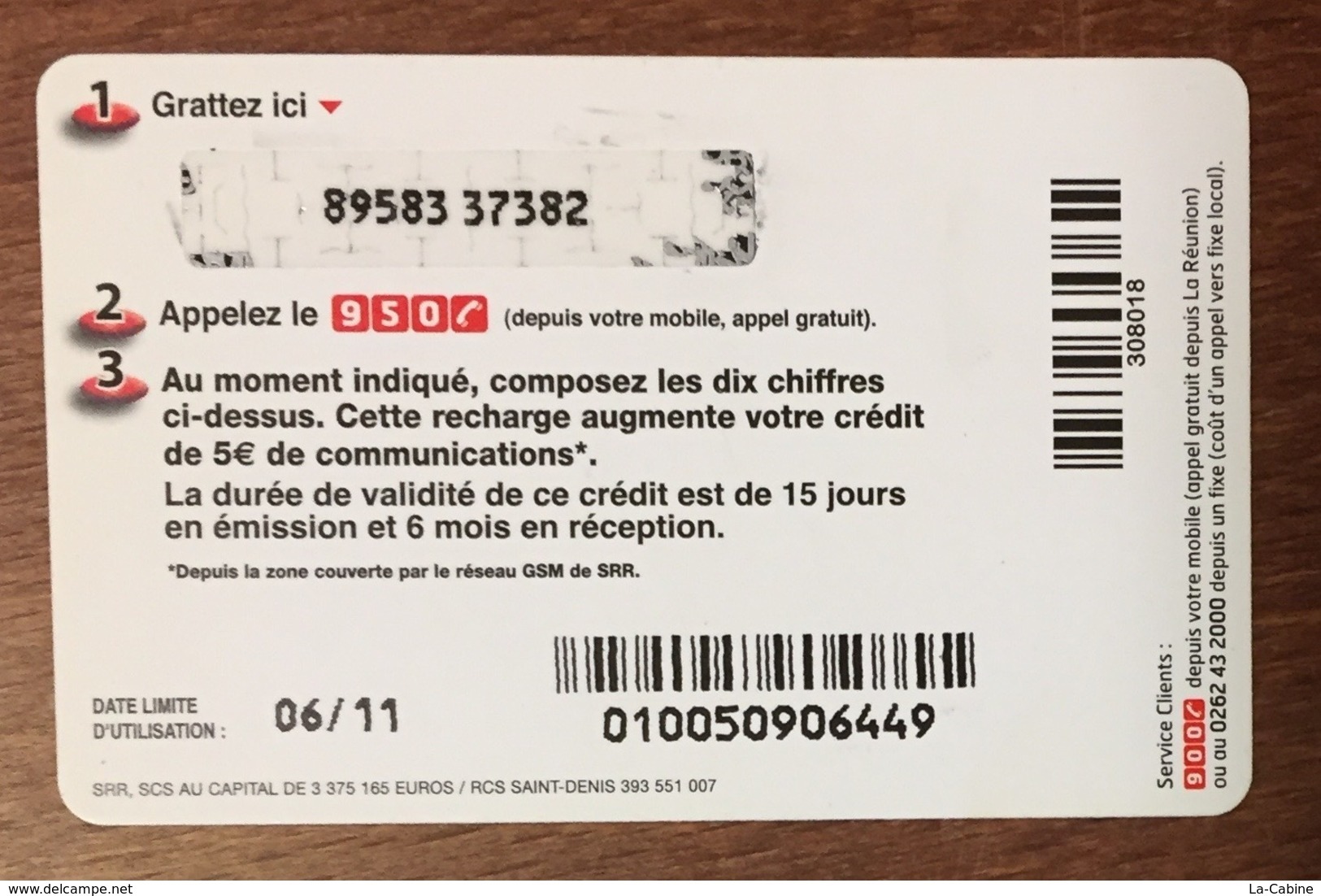 RÉUNION NAVIRE RECHARGE GSM SFR 5 EURO DU 06/11 CARTE PRÉPAYÉE PHONECARD CARD PAS TÉLÉCARTE - Réunion