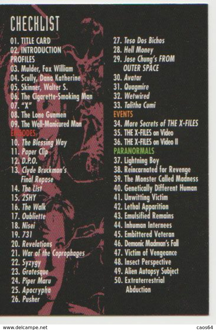 X-FILES CARD 72 CHECKLIST - 1996 ITALY - X-Files