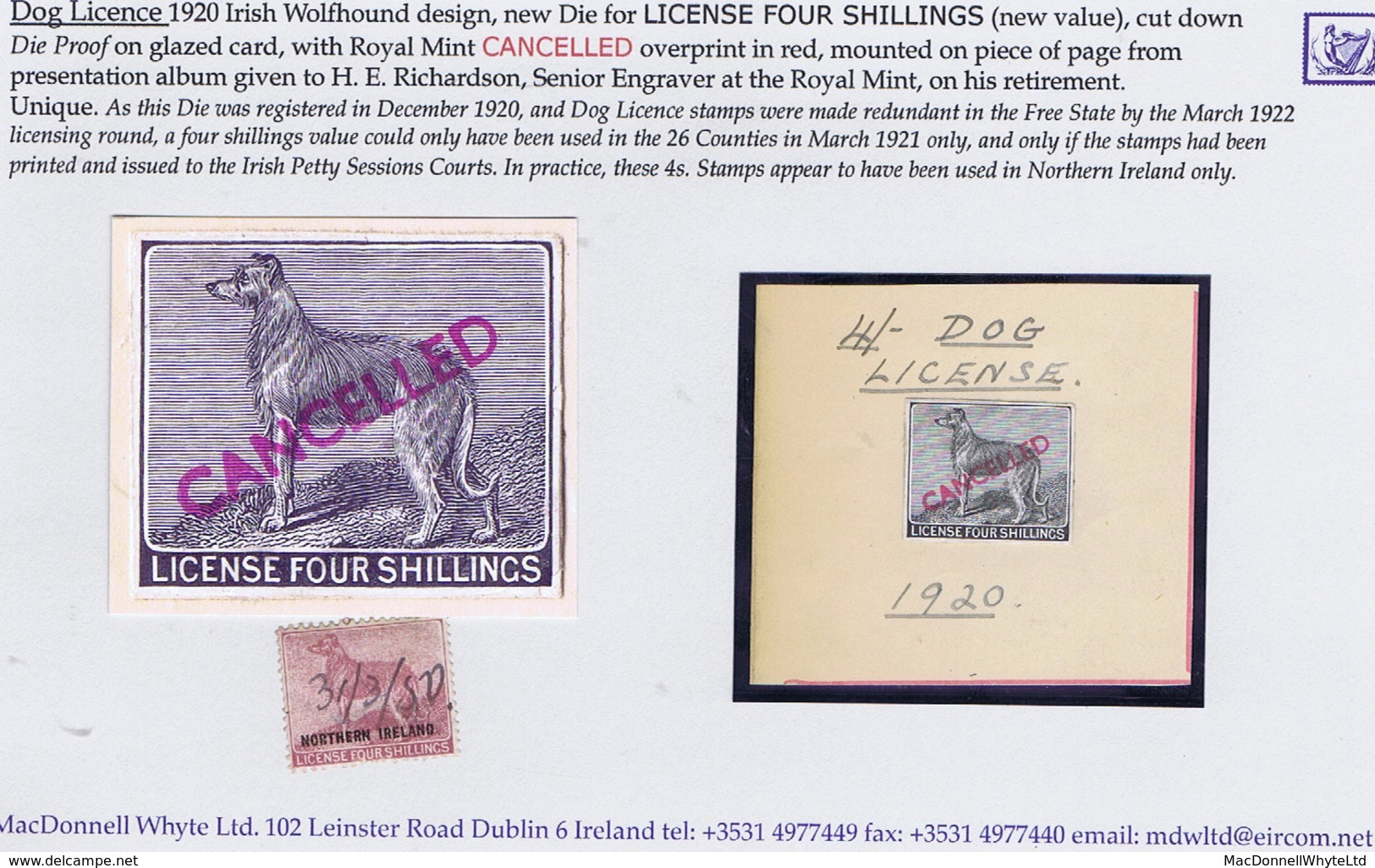 Ireland Revenues Dog Licence 1920 Wolfhound 4s Die Proof In Black With Royal Mint CANCELLED Overprint In Red, On Piece O - Other & Unclassified