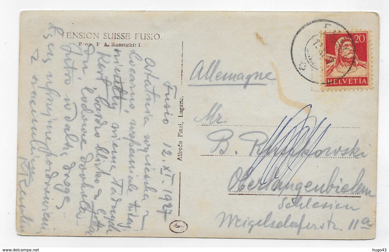 (RECTO / VERSO) FUSIO EN 1927 - N° 234 - BEAU CACHET ET TIMBRE - CPA VOYAGEE - Fusio